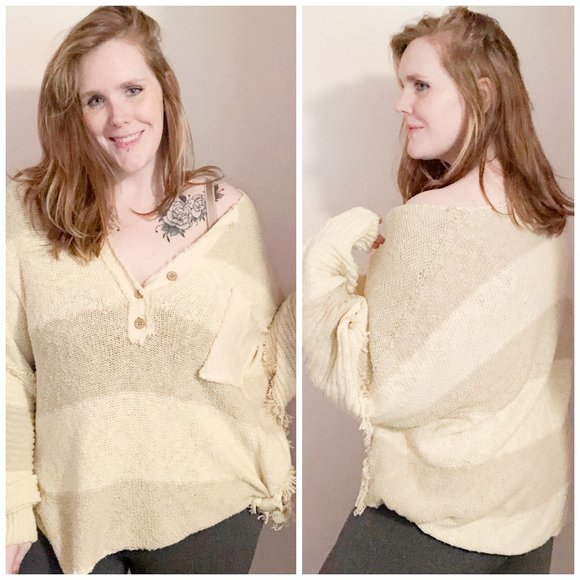 Free People Sweaters - NWOT Free People Road Trip Stripe Henley Pebble Combo Medium Sweater Knit Beachy